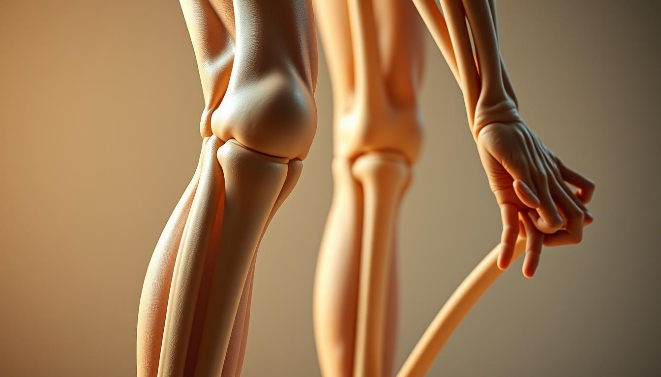 A vibrant close-up of human joints and ligaments, showcasing the flexibility and range of motion associated with hypermobility spectrum disorders. The foreground features hyper-extended knees and elbows, captured in a dynamic pose that highlights the unique characteristics of this condition. The middle ground reveals the complex network of fascia and connective tissues that contribute to the increased mobility, while the background subtly suggests the physiological and biomechanical mechanisms at play. Soft, diffused lighting casts a warm, introspective tone, inviting the viewer to explore the intricacies of this complex and often misunderstood disorder.