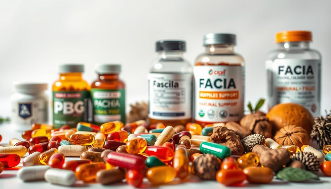 A vibrant close-up of various fascia support supplements arranged on a minimalist white background. The foreground features an assortment of colorful capsules, tablets, and soft gels in natural earth tones, hinting at their herbal and botanical ingredients. The middle ground showcases glass bottles and jars with stylized labels, displaying their supplement facts and branding. The background is softly blurred, creating a clean, clinical atmosphere that emphasizes the high-quality, professional nature of these fascia-targeted products. Warm, directional lighting from the top left casts subtle shadows, adding depth and dimension to the scene.