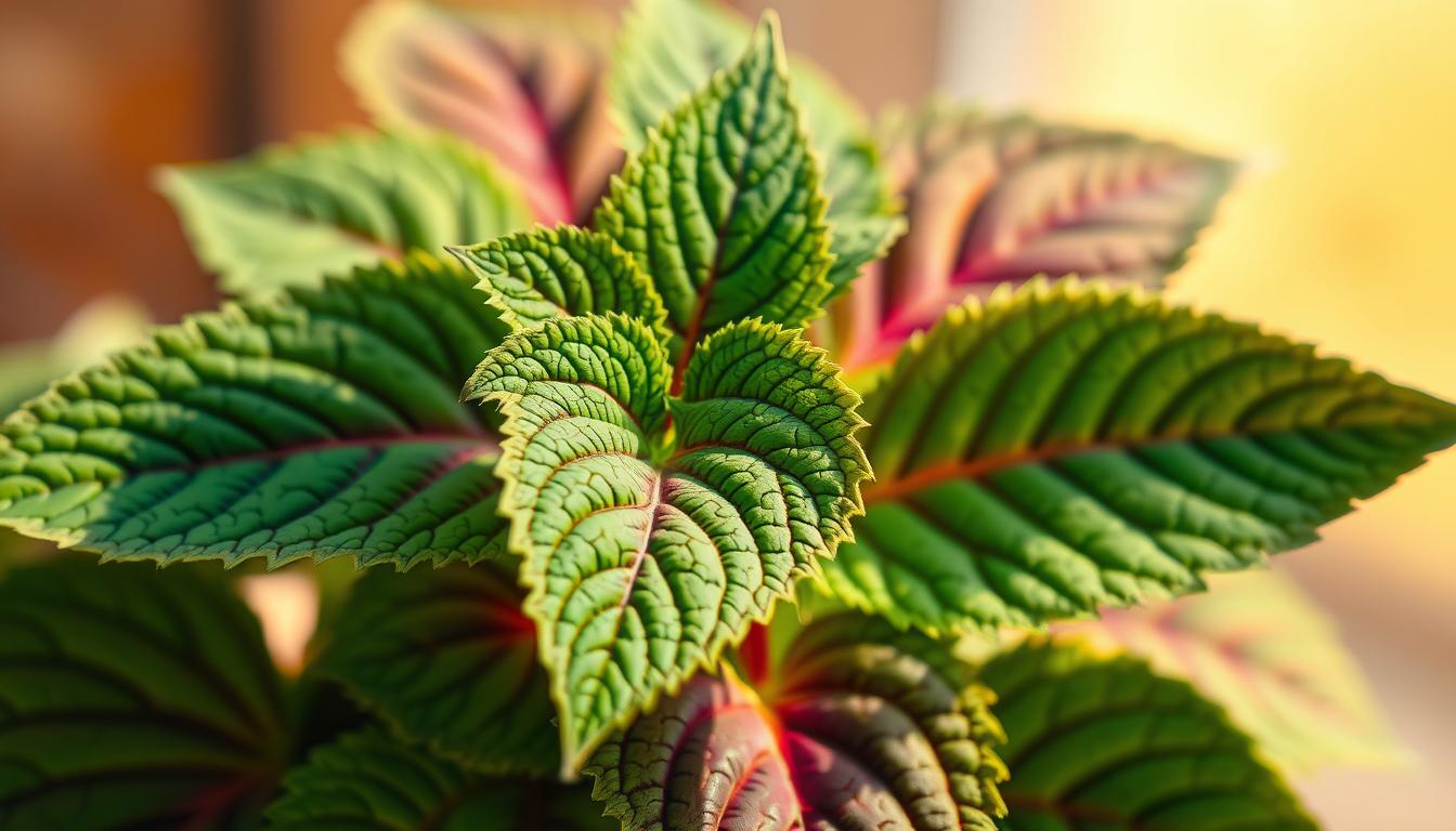 A vibrant, close-up photograph of a Coleus forskohlii plant against a soft, out-of-focus background. The leaves are lush and verdant, with intricate, multi-colored patterns that create a visually striking and captivating composition. The lighting is natural and warm, highlighting the plant's textures and casting gentle shadows. The image is framed tightly, emphasizing the plant's unique and distinctive features, conveying its importance and significance. The overall mood is one of tranquility and a sense of the plant's inherent medicinal properties.