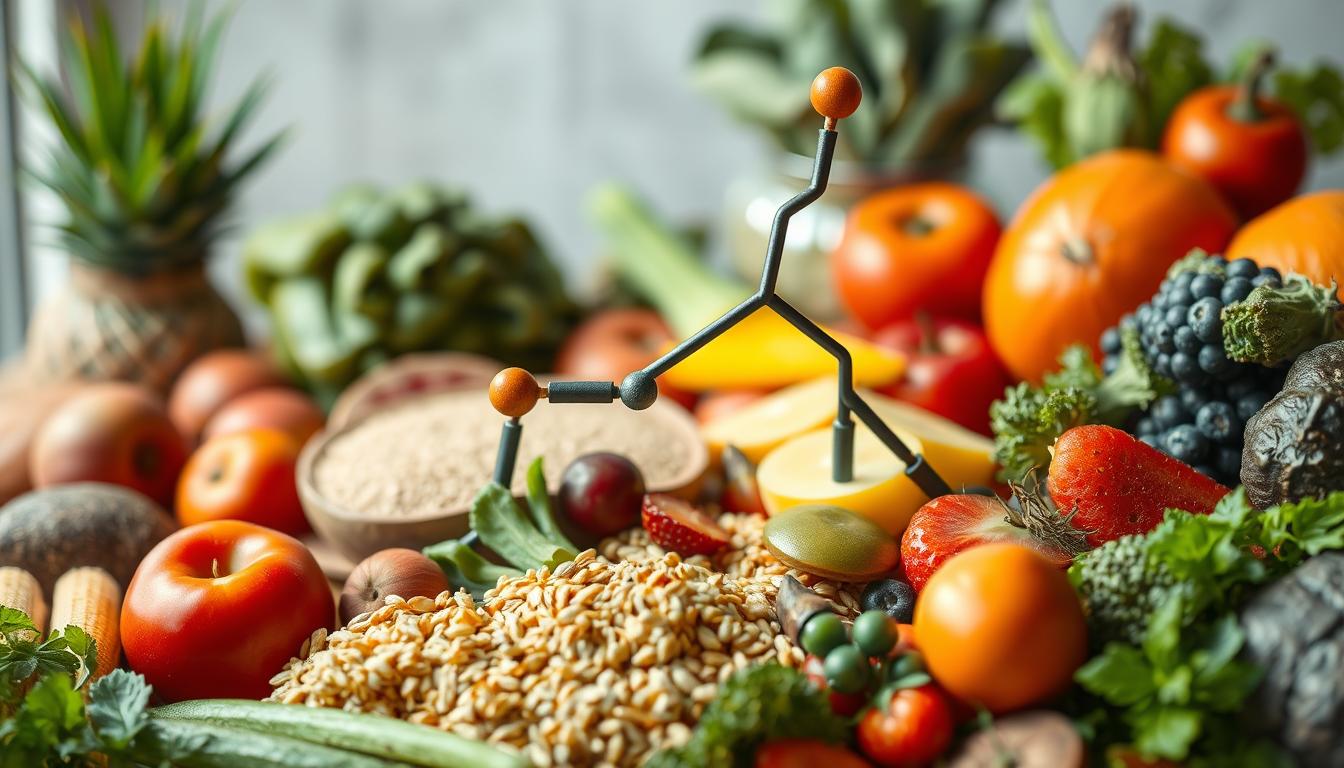 A vibrant, close-up photograph of an array of fresh, natural foods arranged to resemble the chemical structure of cholecystokinin (CCK). In the foreground, a variety of fruits, vegetables, whole grains, and lean proteins are carefully positioned to form the peptide bonds and amino acid chains that make up the CCK molecule. The middle ground features a complementary color palette of greens, yellows, and reds, creating a visually appealing and appetizing composition. The background is softly blurred, keeping the focus on the intricate nutritional arrangement that symbolizes the optimization of this key digestive hormone through diet. Captured with a shallow depth of field and warm, natural lighting to convey the nourishing and holistic approach to regulating CCK.