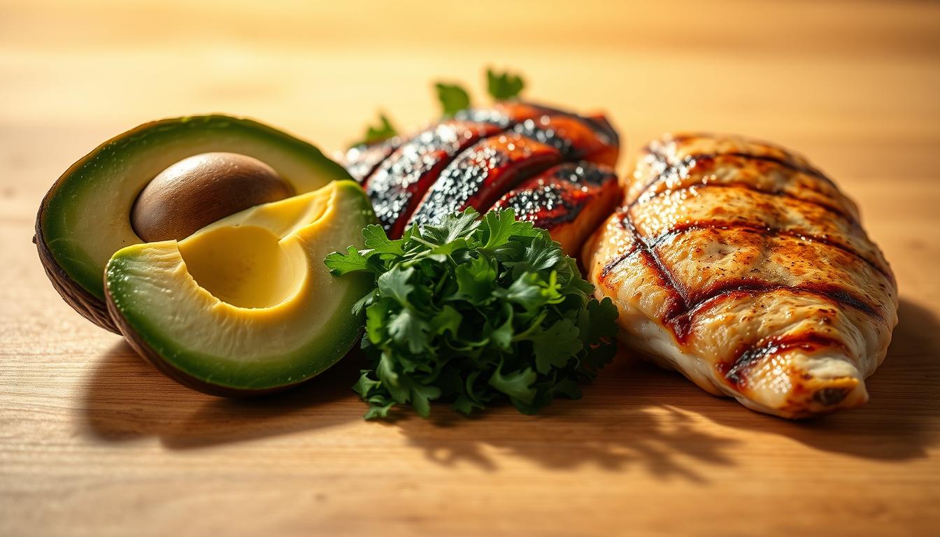 A vibrant, close-up photograph of the three macronutrients that define the keto diet: fat, protein, and carbohydrates. The fats are represented by glistening slices of avocado, the proteins by grilled chicken breasts, and the carbohydrates by a small pile of leafy greens. The image is captured with a wide-angle lens, creating a sharp focus on the foreground elements while the background is softly blurred. Warm, directional lighting casts dramatic shadows, emphasizing the textures and colors of the keto-friendly ingredients. The overall mood is one of simplicity, clarity, and the fundamental building blocks of a successful ketogenic lifestyle.