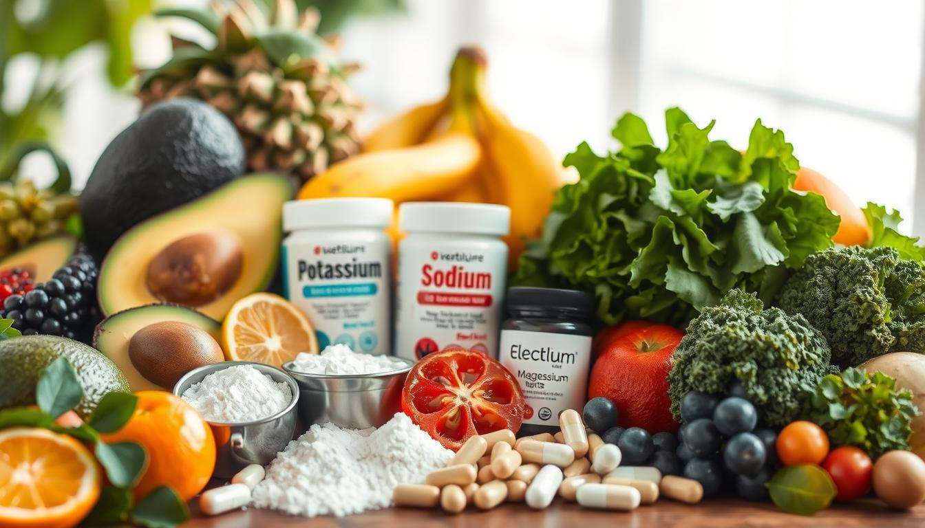 A vibrant, close-up view of a collection of electrolyte-rich foods and supplements. In the foreground, an assortment of fresh fruits and vegetables, such as avocados, bananas, leafy greens, and citrus fruits, arranged in a visually appealing manner. In the middle ground, various electrolyte-containing powders and capsules, including sodium, potassium, and magnesium supplements, laid out neatly. The background is blurred, emphasizing the focus on the electrolyte-rich items. The lighting is soft and natural, highlighting the vibrant colors and textures of the produce and supplements. The overall composition conveys a sense of balance, wellness, and the importance of maintaining proper electrolyte levels, particularly during a ketogenic lifestyle.