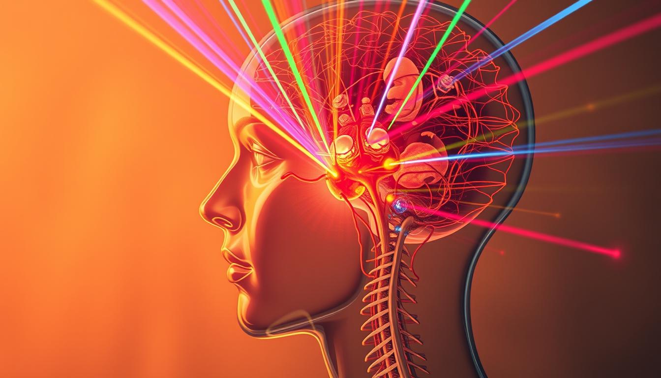 A vibrant, close-up view of a human head against a soft, blurred background. The head is transparent, revealing an intricate network of nerves, sensory organs, and a pulsing, overactivated fascia system. Beams of multicolored light radiate outward, conveying the overwhelming sensory stimuli experienced during an episode of sensory overload. The lighting is dramatic, with warm tones and deep shadows, creating a sense of intensity and discomfort. The overall composition emphasizes the central role of the senses and the fascia in the experience of Ehlers-Danlos Syndrome.