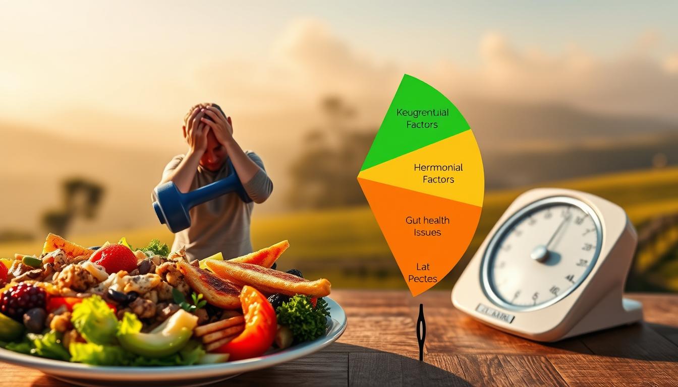 A vibrant collage depicting common causes of keto plateaus. In the foreground, a plate of indulgent high-carb foods, a dumbbell representing lack of exercise, and a stressed person. In the middle, a pie chart showcasing metabolic factors like hormonal imbalances and gut health issues. In the background, a hazy landscape with a weight scale, conveying the struggle to overcome stagnation. Lit by warm, natural lighting, the scene has a pensive, reflective mood, inviting the viewer to explore the complexities of keto plateaus.