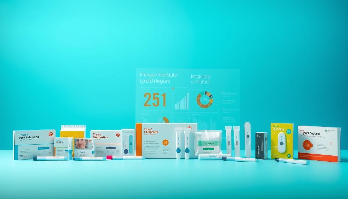 A vibrant comparison of major at-home thyroid testing companies, showcased in a sleek, minimalist layout. In the foreground, an array of test kits and diagnostic tools are neatly arranged, each with a distinct design and branding. The middle ground features informative infographics and data visualizations, highlighting key metrics and differentiating features. The background subtly transitions between calming shades of blue and green, creating a professional, clinical atmosphere. Lighting is soft and diffused, casting an even glow across the scene. The overall composition conveys a sense of authority, trust, and comprehensive information, suitable for an article on the reliability of at-home thyroid testing.