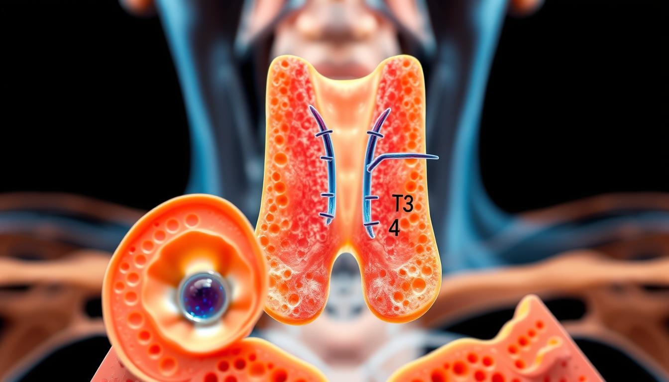 A vibrant cross-section of the thyroid gland, showcasing the intricate mechanism of hormone release. In the foreground, a detailed illustration of the thyroid follicles, with their colloid-filled lumens and cuboidal epithelial cells. In the middle ground, a dynamic depiction of the stimulation and secretion of thyroid hormones, T3 and T4, into the bloodstream. The background features a softly blurred, yet scientifically accurate, rendering of the surrounding anatomical structures, providing context and depth. Crisp lighting and a precise, technical lens capture the essence of this essential physiological process. A vibrant cross-section of the thyroid gland, showcasing the intricate mechanism of hormone release. In the foreground, a detailed illustration of the thyroid follicles, with their colloid-filled lumens and cuboidal epithelial cells. In the middle ground, a dynamic depiction of the stimulation and secretion of thyroid hormones, T3 and T4, into the bloodstream. The background features a softly blurred, yet scientifically accurate, rendering of the surrounding anatomical structures, providing context and depth. Crisp lighting and a precise, technical lens capture the essence of this essential physiological process.