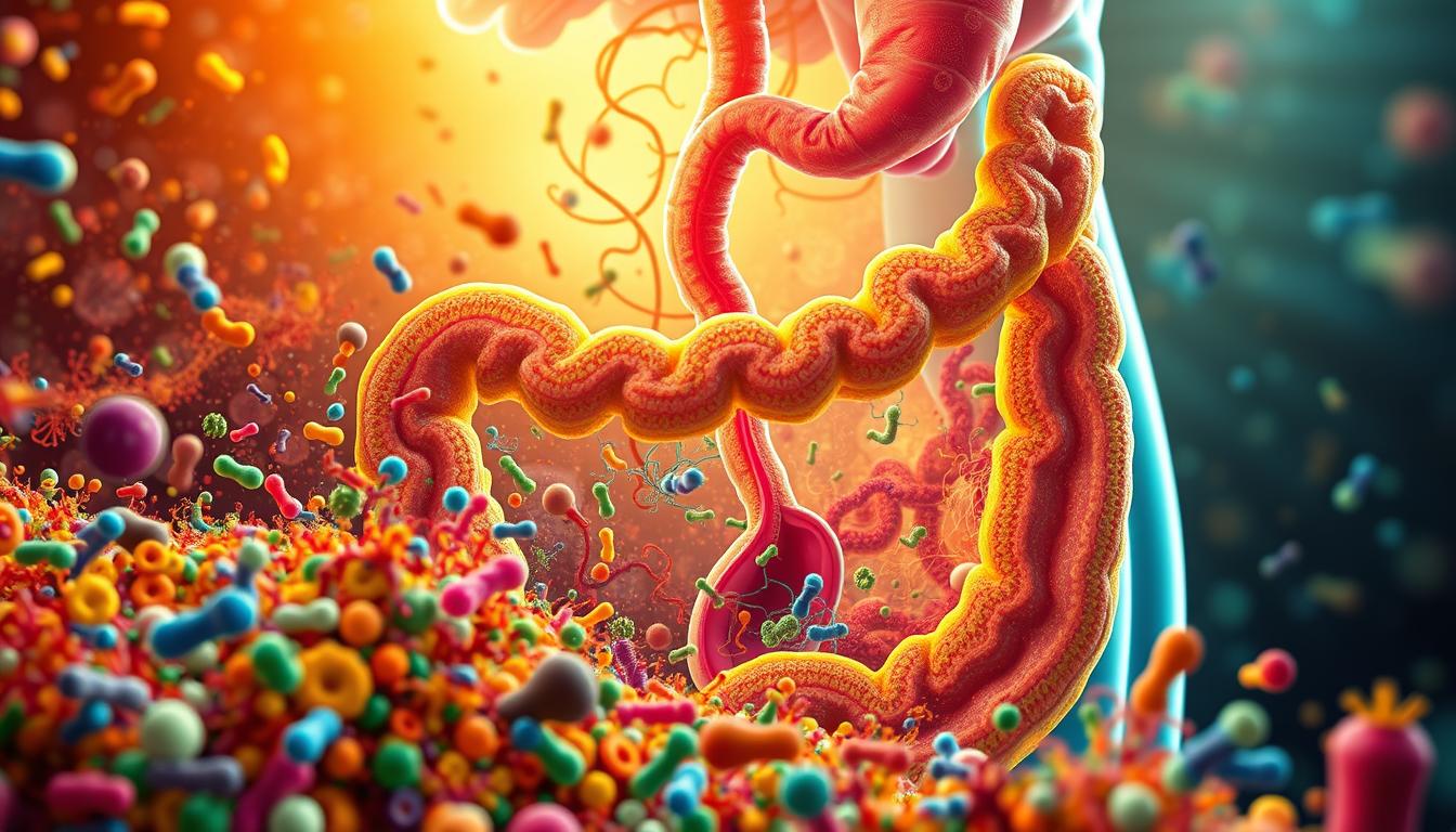 A vibrant, cross-sectional illustration of the gut microbiome and its influence on digestive health. In the foreground, a diverse array of gut bacteria, each distinct in shape and color, thriving in a detailed intestinal landscape. In the middle ground, the digestive tract winds through, with highlighted regions showcasing the ebb and flow of nutrient absorption and waste elimination. The background depicts the broader systems involved, such as the circulatory and lymphatic networks, all illuminated by a warm, natural-looking lighting scheme. The overall scene conveys the intricate, interconnected nature of the gut microbiome and its pivotal role in maintaining efficient, healthy digestion.