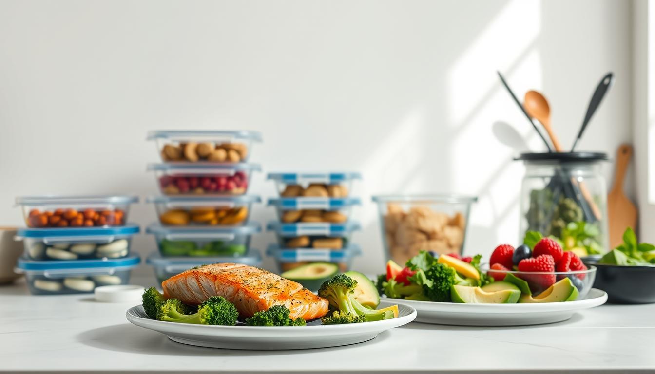 A vibrant day-by-day meal plan against a crisp white backdrop. In the foreground, a stylized daily menu with healthy keto-friendly dishes arranged neatly - grilled salmon, roasted broccoli, avocado salad, and a side of berries. In the middle ground, stacks of meal prep containers and kitchen utensils suggest a well-organized cooking routine. The background features a minimalist design with clean lines and a subtle texture, creating a sense of order and efficiency. Soft, directional lighting highlights the vibrant colors and textures of the food, evoking a mood of wellness and productivity.