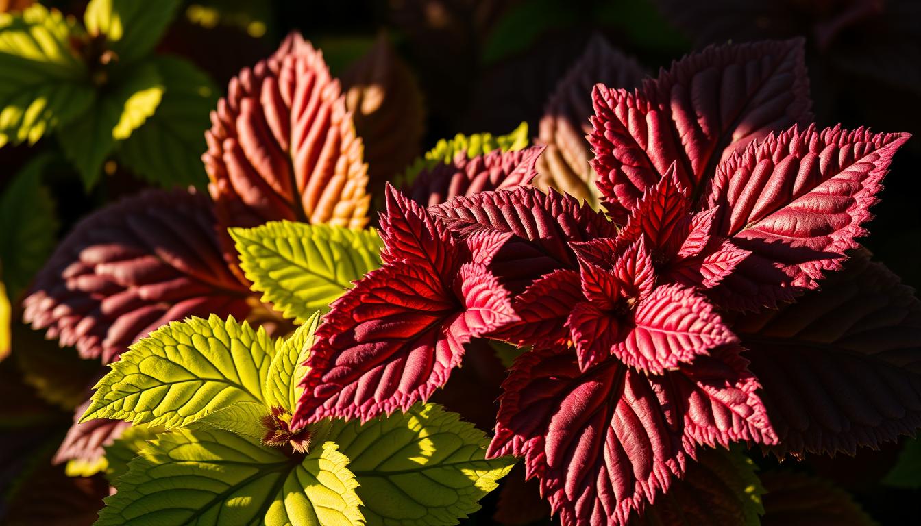 A vibrant, detailed close-up of a coleus forskohlii plant, showcasing its distinctive foliage. The leaves are broad, ovate, and richly colored in a range of greens, purples, and reds, creating a striking visual texture. The plant is bathed in warm, directional lighting, casting dramatic shadows and highlights that accentuate the intricate patterns and serrated edges of the leaves. The background is softly blurred, allowing the plant to be the central focus. The overall mood is one of lush, botanical splendor, capturing the unique characteristics that make coleus forskohlii a valuable medicinal and culinary herb.