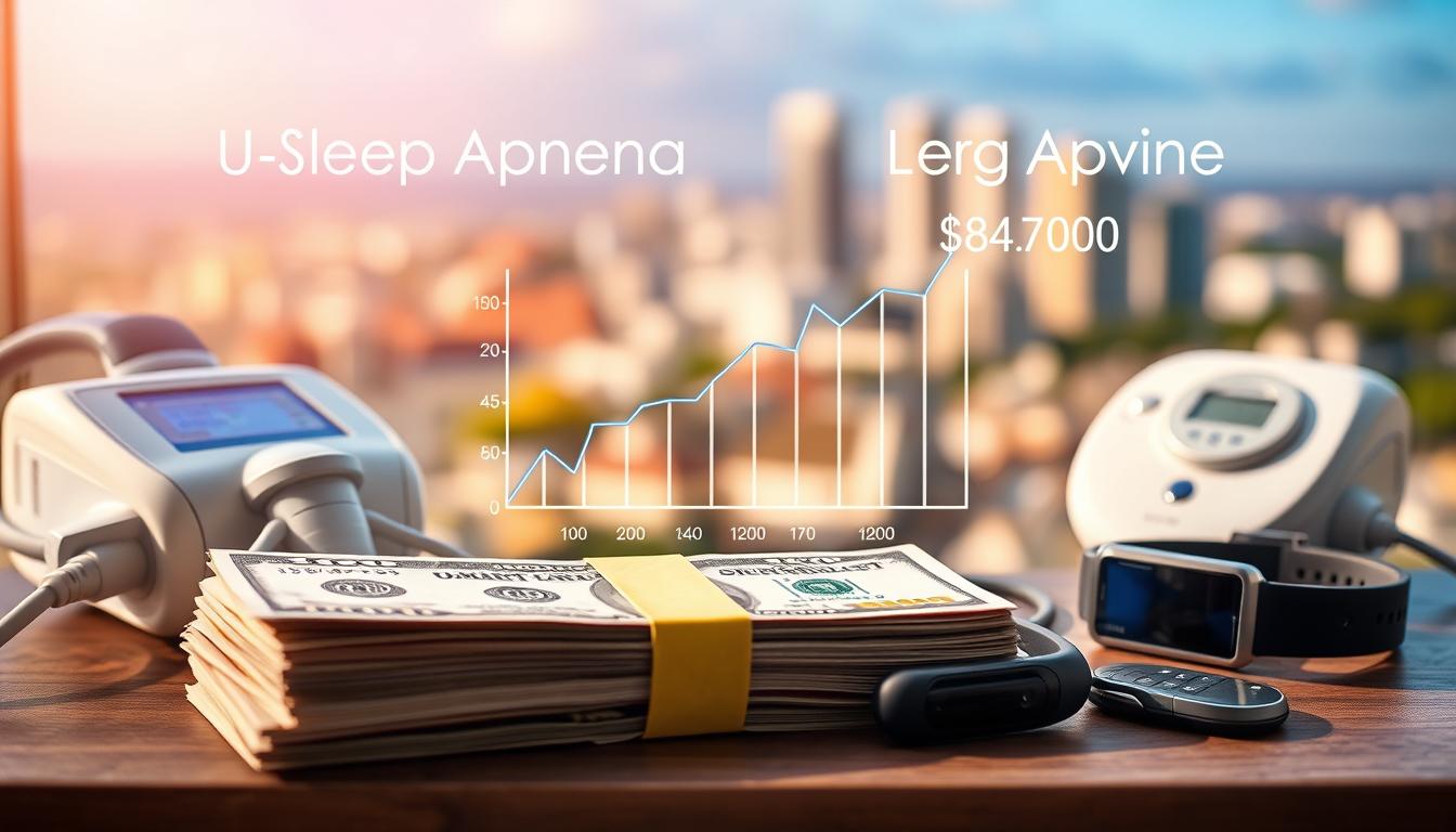 A vibrant, detailed comparison of the upfront and long-term costs associated with sleep apnea treatments. In the foreground, a stack of dollar bills and a variety of medical devices, including a CPAP machine and smart wearables. In the middle ground, a graph visualizing the cost differences over time. The background features a soft, blurred cityscape, suggesting the broader societal impact of sleep apnea and its management. Warm, natural lighting casts a serene, informative atmosphere, emphasizing the importance of this health and financial decision.