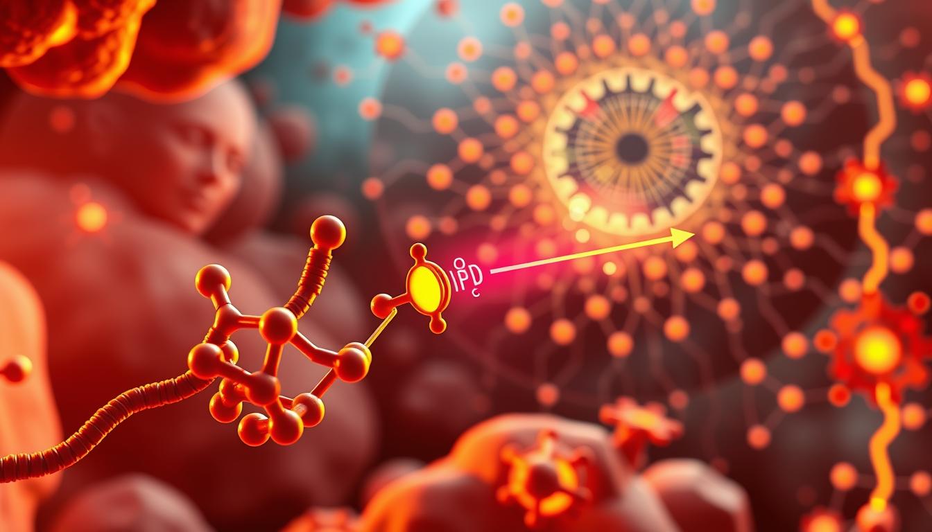 A vibrant, detailed illustration depicting the activation of adenylate cyclase by forskolin. In the foreground, a stylized molecular structure of forskolin binds to and stimulates the adenylate cyclase enzyme, represented as a complex three-dimensional shape. The middle ground showcases the subsequent increase in cyclic AMP levels, visualized as a glowing, radiant energy field. In the background, a dynamic, swirling pattern of interconnected pathways and signaling cascades, conveying the broader metabolic implications of this fundamental biochemical mechanism. Warm, saturated colors, dramatic lighting, and a sense of scientific elegance and precision permeate the scene. A vibrant, detailed illustration depicting the activation of adenylate cyclase by forskolin. In the foreground, a stylized molecular structure of forskolin binds to and stimulates the adenylate cyclase enzyme, represented as a complex three-dimensional shape. The middle ground showcases the subsequent increase in cyclic AMP levels, visualized as a glowing, radiant energy field. In the background, a dynamic, swirling pattern of interconnected pathways and signaling cascades, conveying the broader metabolic implications of this fundamental biochemical mechanism. Warm, saturated colors, dramatic lighting, and a sense of scientific elegance and precision permeate the scene.