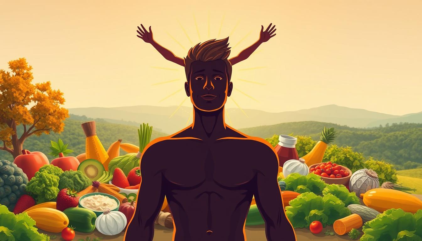 A vibrant, detailed illustration depicting the health impacts of the keto diet. In the foreground, a stylized human figure radiates energy and vitality, symbolizing the benefits of a well-executed keto regimen. The middle ground showcases a diverse array of nutrient-rich keto-friendly foods, arranged in a visually appealing manner. In the background, a minimalist landscape with lush, verdant hues suggests the long-term, sustainable outcomes of a healthy keto lifestyle. The scene is illuminated by warm, natural lighting, creating a calming, inviting atmosphere. The overall composition conveys the positive health impacts and long-term potential of a carefully planned keto approach.