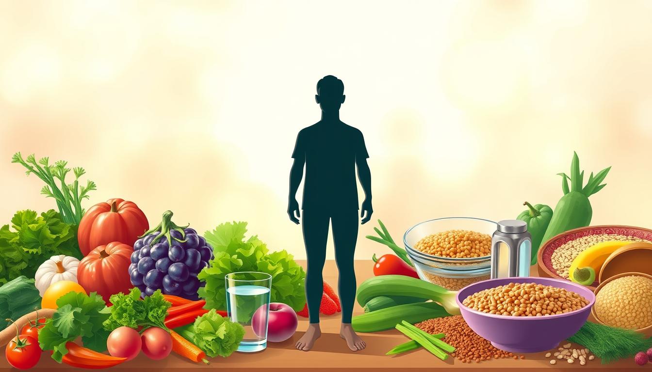 A vibrant, detailed illustration of a person's transition from a ketogenic diet. In the foreground, a figure stands in a relaxed, contemplative pose, surrounded by a variety of nutritious foods - leafy greens, colorful vegetables, whole grains, and a glass of water. In the middle ground, a subtle gradient of macronutrient ratios visually depicts the shift from a high-fat, low-carb ketogenic diet to a more balanced, nutrient-dense diet. The background features a warm, natural setting with soft, diffused lighting, conveying a sense of balance, health, and well-being. The overall scene captures the thoughtful, gradual process of reintroducing carbohydrates while maintaining the benefits of the ketogenic lifestyle.