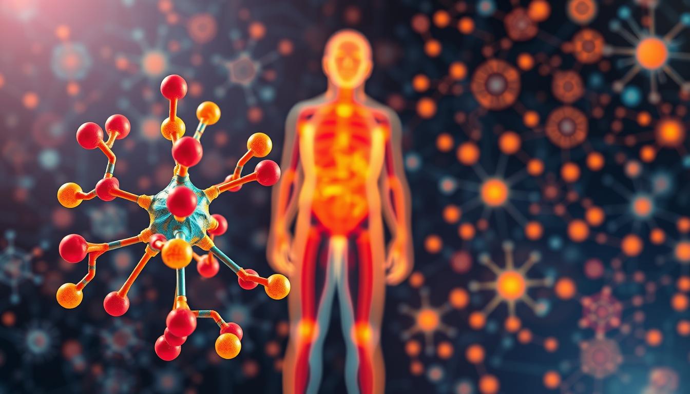 A vibrant, detailed illustration of metabolism and fat oxidation influenced by forskolin. In the foreground, a molecular model of forskolin prominently displayed, its structure glowing with vivid colors. In the middle ground, a stylized human figure, their body highlighted with warm hues, showcasing the process of fat burning and energy production. The background depicts a complex network of biological pathways, cellular processes, and metabolic cycles, all interconnected and pulsing with dynamic energy. The lighting is soft and diffused, creating a sense of depth and ethereal quality. The overall composition conveys the powerful impact of forskolin on the body's fundamental mechanisms of energy regulation and fat metabolism.