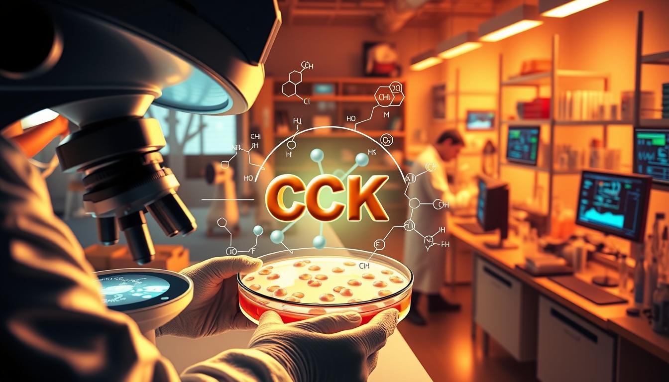 A vibrant, detailed illustration of various medical approaches to modulating cholecystokinin (CCK) levels. In the foreground, a scientist examines a petri dish containing CCK-producing cells under the lens of a high-powered microscope. In the middle ground, a 3D model of the CCK molecule rotates, surrounded by molecular diagrams and chemical formulas. In the background, a busy research lab bustles with activity - technicians pipetting samples, computer screens displaying complex data visualizations, and shelves stocked with specialized equipment. Warm, diffused lighting illuminates the scene, creating a sense of scientific discovery and innovation.