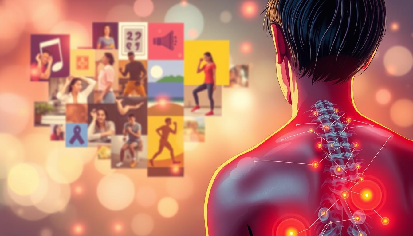 A vibrant, detailed illustration showcasing the triggers and symptoms of an EDS flare-up. In the foreground, a person's body is highlighted, with areas of joint pain, muscle fatigue, and skin sensitivity visually emphasized. The middle ground features a collage of potential triggers, such as bright lights, loud noises, and physical exertion. The background depicts a dreamy, hazy atmosphere, symbolizing the sensory overload experienced during a flare-up. Soft, warm lighting casts a gentle glow, creating a sense of unease and discomfort. The overall composition conveys the complex and multifaceted nature of living with EDS, highlighting the need to identify and manage flare-up triggers and symptoms.
