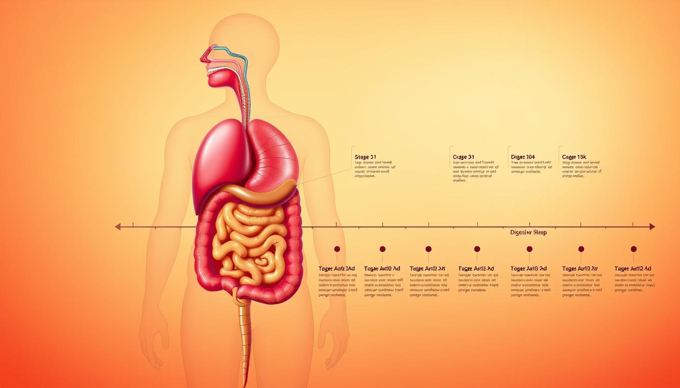 A vibrant digestive system timeline, showcasing the intricate process of digestion from start to finish. In the foreground, a detailed anatomical illustration depicts the key organs involved, rendered in vivid colors and precise detail. The middle ground features a timeline of the digestive stages, with each step visually represented in a stylized, yet informative manner. The background sets the scene with a warm, soothing gradient, evoking a sense of balance and harmony within the human body. Lighting is soft and diffused, creating a sense of depth and dimensionality. The overall composition is clean, well-organized, and visually engaging, guiding the viewer through the fascinating journey of the digestive system.