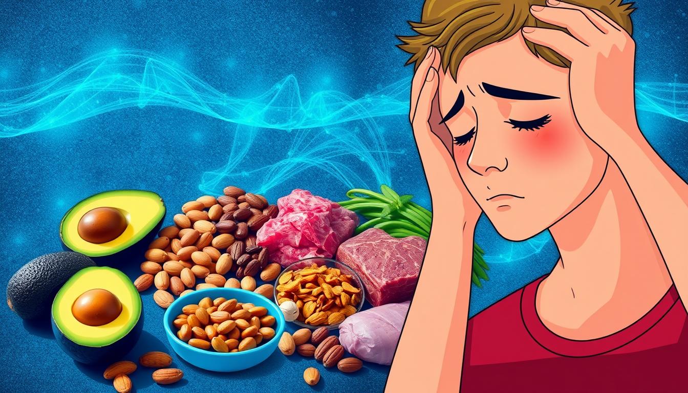 A vibrant digital illustration depicting the common symptoms and causes of keto flu. In the foreground, a person experiences fatigue, headaches, and nausea, with a flushed, uncomfortable expression. The middle ground features a collection of ketogenic foods like avocado, nuts, and fatty meats, contrasted by a shimmering blue-tinted background representing the metabolic shift of the body entering ketosis. Lighting is soft and diffused, creating a sense of unease and discomfort. The composition emphasizes the physiological and dietary factors contributing to the keto flu experience.