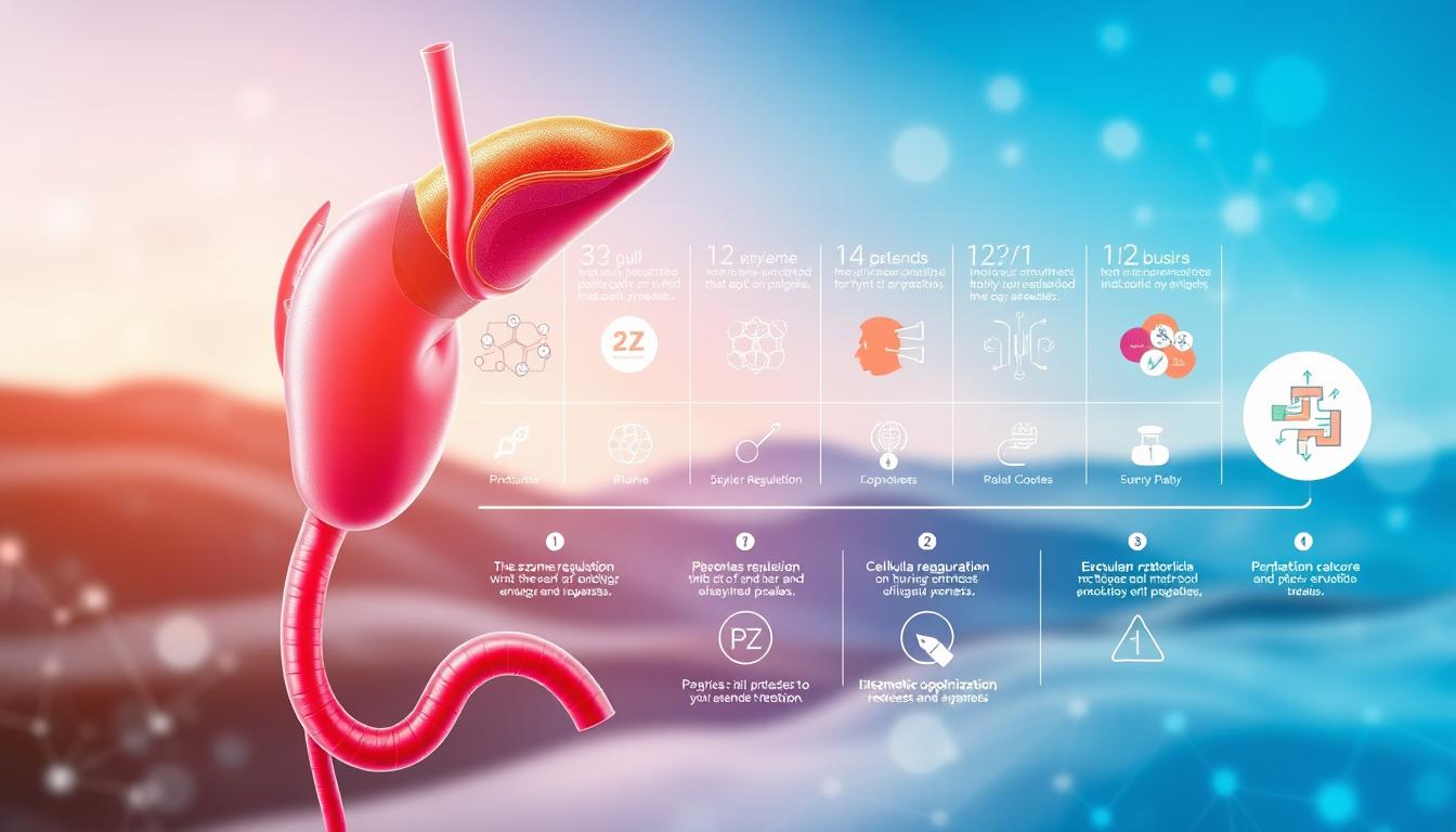 A vibrant digital illustration showcasing the step-by-step process of PZ treatment for pancreas optimization. In the foreground, a detailed anatomical diagram of the pancreas, rendered in vivid colors and precise detail. In the middle ground, a series of stylized icons and infographic elements demonstrating the key stages of the PZ-based protocol, such as enzyme regulation, cellular regeneration, and metabolic optimization. The background features a softly blurred, science-inspired landscape, with subtle gradients and geometric patterns evocative of the complex biological systems at work. The overall composition is visually striking, with a balance of technical precision and artistic flair, guiding the viewer through the essential aspects of this innovative pancreatic treatment approach.
