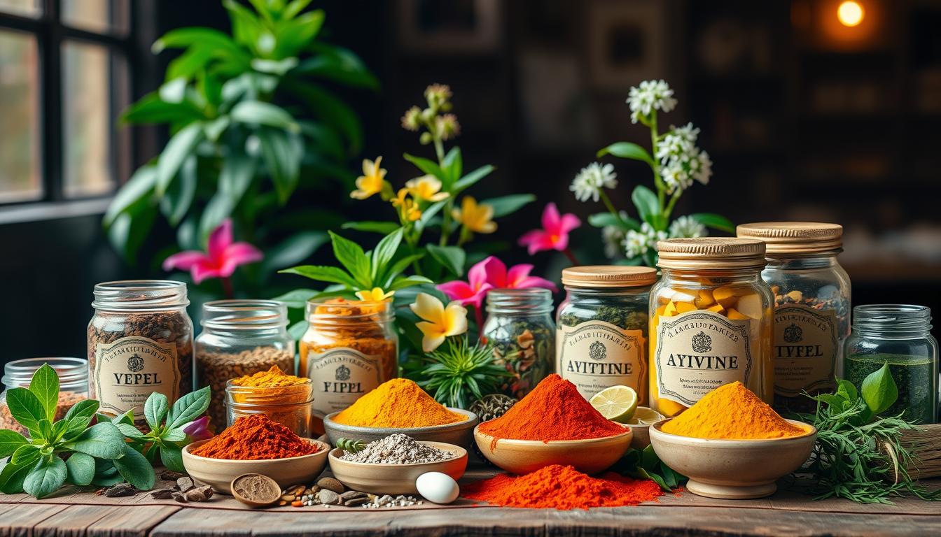 A vibrant display of traditional Ayurvedic medicines, featuring an array of colorful herbs, spices, and powders carefully arranged on a wooden table. The foreground showcases glass jars and ceramic bowls filled with various natural remedies, their intricate labels hinting at their ancient origins and therapeutic properties. In the middle ground, lush green leaves and fragrant flowers provide a serene, natural backdrop, while the background is dimly lit, casting a warm, inviting glow over the scene. The lighting is soft and diffused, accentuating the rich hues and textures of the Ayurvedic ingredients, creating an atmosphere of timeless wisdom and holistic wellness. A vibrant display of traditional Ayurvedic medicines, featuring an array of colorful herbs, spices, and powders carefully arranged on a wooden table. The foreground showcases glass jars and ceramic bowls filled with various natural remedies, their intricate labels hinting at their ancient origins and therapeutic properties. In the middle ground, lush green leaves and fragrant flowers provide a serene, natural backdrop, while the background is dimly lit, casting a warm, inviting glow over the scene. The lighting is soft and diffused, accentuating the rich hues and textures of the Ayurvedic ingredients, creating an atmosphere of timeless wisdom and holistic wellness.