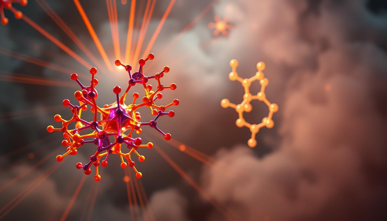A vibrant, dynamic visualization of ketones and neurotransmission. In the foreground, a cluster of colorful, interconnected neurotransmitter molecules float amidst a hazy, ethereal backdrop. Rays of warm, golden light radiate outward, illuminating the intricate dance of neural signals. In the middle ground, a translucent, glowing ketone structure interacts with the neurotransmitters, showcasing the biochemical relationship between these elements. The background is shrouded in a soft, dreamy atmosphere, suggesting the profound, unseen impacts of this process on cognitive function and mental clarity. Captured with a wide-angle lens and dramatic chiaroscuro lighting, this image evokes a sense of wonder and discovery at the nexus of metabolism and neuroscience.
