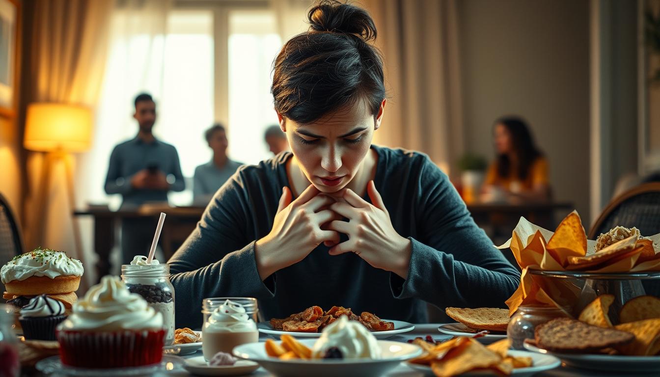 A vibrant, emotional scene depicting the triggers of emotional eating. In the foreground, a person seated at a table surrounded by a variety of comfort foods - cakes, ice cream, chips, and other tempting treats. Their expression is one of distress, hands gripping the table as they struggle with the urge to indulge. In the middle ground, hazy figures of people, perhaps family or friends, exude a sense of judgment or concern. The background is a dimly lit, cozy interior, casting a warm glow and creating an atmosphere of both solace and conflict. Soft, diffused lighting illuminates the scene, highlighting the emotional intensity. The overall tone conveys the internal battle of resisting the allure of emotional eating in the face of external pressures and personal vulnerabilities. A vibrant, emotional scene depicting the triggers of emotional eating. In the foreground, a person seated at a table surrounded by a variety of comfort foods - cakes, ice cream, chips, and other tempting treats. Their expression is one of distress, hands gripping the table as they struggle with the urge to indulge. In the middle ground, hazy figures of people, perhaps family or friends, exude a sense of judgment or concern. The background is a dimly lit, cozy interior, casting a warm glow and creating an atmosphere of both solace and conflict. Soft, diffused lighting illuminates the scene, highlighting the emotional intensity. The overall tone conveys the internal battle of resisting the allure of emotional eating in the face of external pressures and personal vulnerabilities.
