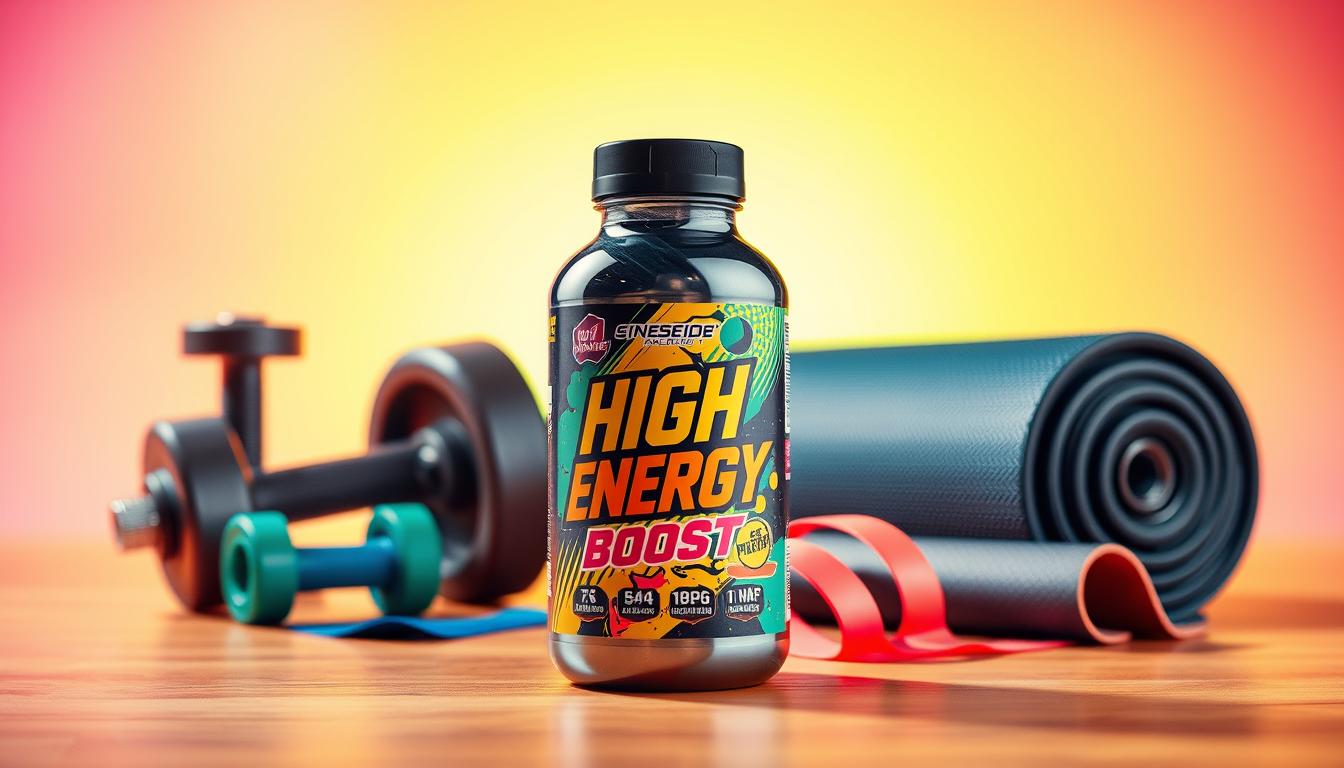 A vibrant, high-energy supplement bottle set against a dynamic, fitness-inspired background. The foreground features a sleek, glossy container with bold, stylized graphics and a bright, eye-catching label. The middle ground showcases athletic equipment, such as free weights, resistance bands, and a yoga mat, arranged in a dynamic, kinetic composition. The background is filled with a vibrant, energetic gradient, conveying a sense of power and vigor. The lighting is bright and focused, creating dramatic shadows and highlights that accentuate the muscular forms of the workout gear. The overall atmosphere exudes a strong, motivational feel, capturing the essence of an "energy boost" for fitness and exercise.