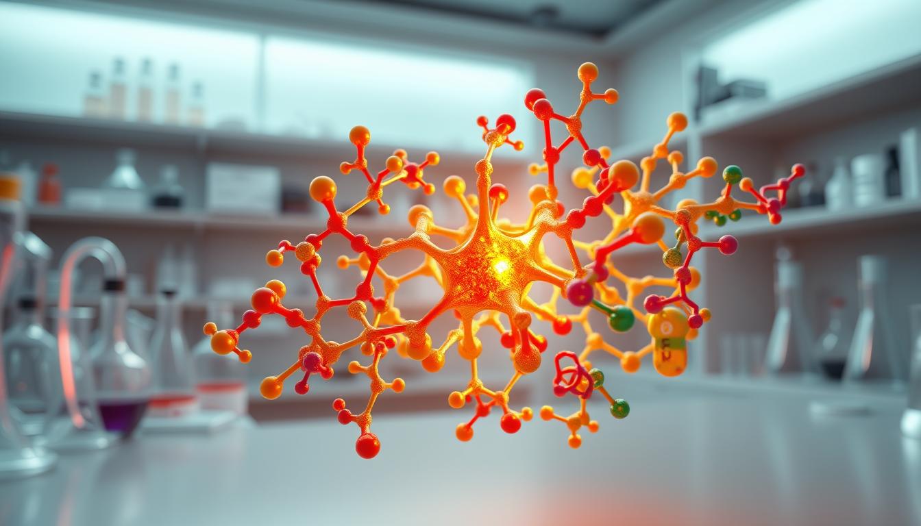A vibrant, high-quality 3D illustration showcasing the synergistic interplay between pancreozymin, a crucial pancreatic hormone, and its associated enzymes. In the foreground, a stylized pancreozymin molecule takes center stage, its intricate structure glowing with a warm, golden hue. Surrounding it, a swirling array of enzyme models in various colors and shapes, each one interlocking and interacting seamlessly. The middle ground features a sophisticated, minimalist laboratory setting, with beakers, test tubes, and other scientific apparatus in the background, all bathed in a soft, diffuse lighting. The overall composition conveys a sense of scientific discovery, highlighting the dynamic and vital relationship between pancreozymin and its enzymatic partners, the key to unlocking the future of targeted nutraceuticals.