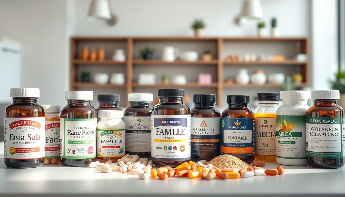 A vibrant, high-quality supplement selection guide for improving fascia health. The foreground features an array of expertly curated fascia supplements, each with detailed labels and packaging. The middle ground showcases the various forms the supplements come in - capsules, powders, liquids. The background is a clean, modern workspace with soft, natural lighting highlighting the products. The overall scene conveys a sense of authority, professionalism and wellness, perfectly suited to guide Ehlers-Danlos patients towards the best fascia-supporting supplements.