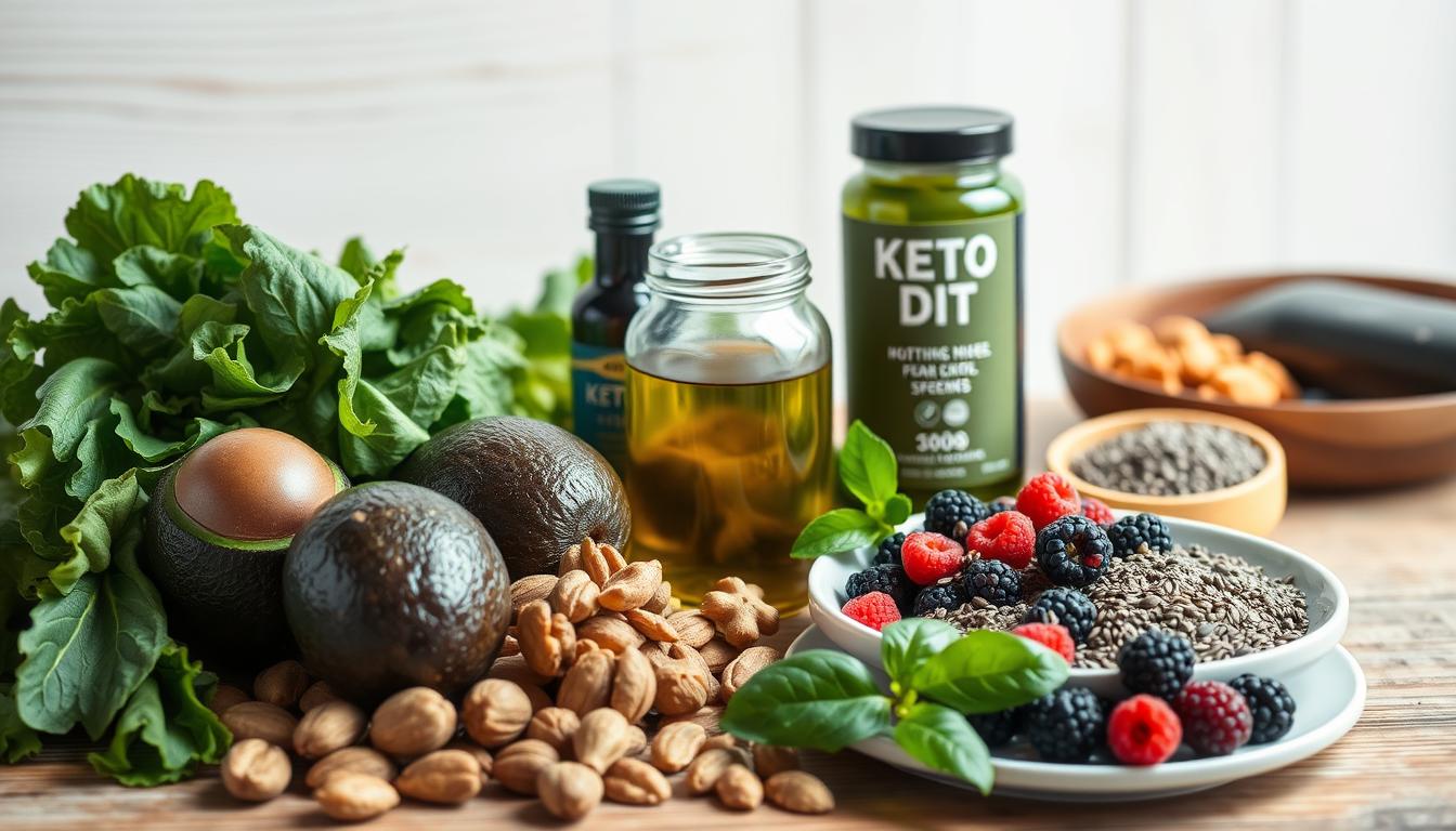 A vibrant, high-resolution photograph of a collection of healthy foods and supplements associated with the ketogenic diet. In the foreground, an array of fresh leafy greens, avocados, and nuts, arranged neatly against a wooden background. In the middle ground, a glass jar filled with keto-friendly MCT oil, and a plate showcasing a variety of keto-approved snacks, such as chia seeds and unsweetened berries. The background features a minimalist, light-filled setting, with a clean, bright atmosphere that emphasizes the clean and nutritious nature of the ketogenic lifestyle. The overall composition conveys the benefits of the ketogenic diet, such as improved gut health, weight management, and cognitive function.