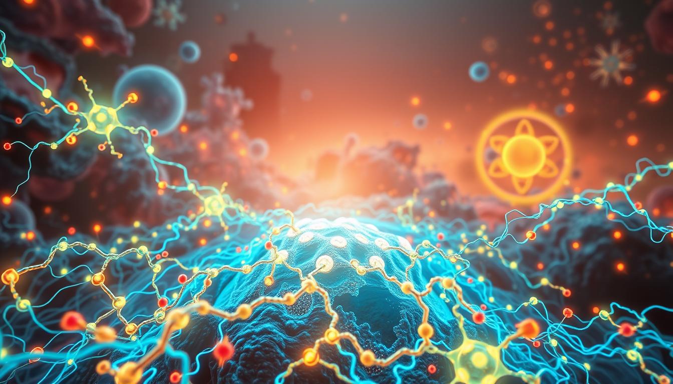 A vibrant, highly detailed illustration showcasing the intricate cellular messenger camp pathways. In the foreground, a dynamic network of glowing, interlacing cAMP signaling molecules traverse the cellular landscape, resembling a vast neural network. In the middle ground, a large, central cAMP hub acts as the control center, surrounded by diverse kinase and effector proteins that transduce the metabolic activation signals. In the distant background, a hazy, ethereal environment of ribosomes, mitochondria, and other organelles provides a sense of scale and context. The scene is bathed in a warm, incandescent lighting, creating a sense of energy and vitality. Captured with a wide-angle lens to emphasize the scope and complexity of this crucial cellular communication system.