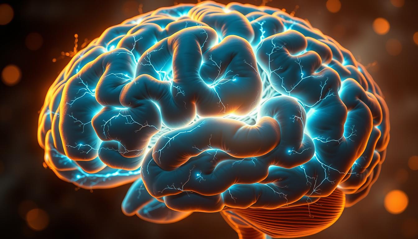 A vibrant, hyper-realistic rendering of the human brain in the midst of a ketogenic state. The brain's intricate neural networks are illuminated, pulsing with a brilliant blue-green energy. Delicate capillaries weave through the gray matter, carrying the fuel-rich ketones that power this heightened cognitive activity. The brain is bathed in a warm, golden light, casting a serene, focused glow. The scene is captured from a slightly elevated angle, allowing the viewer to fully appreciate the brain's mesmerizing, almost mystical, display of metabolic efficiency.