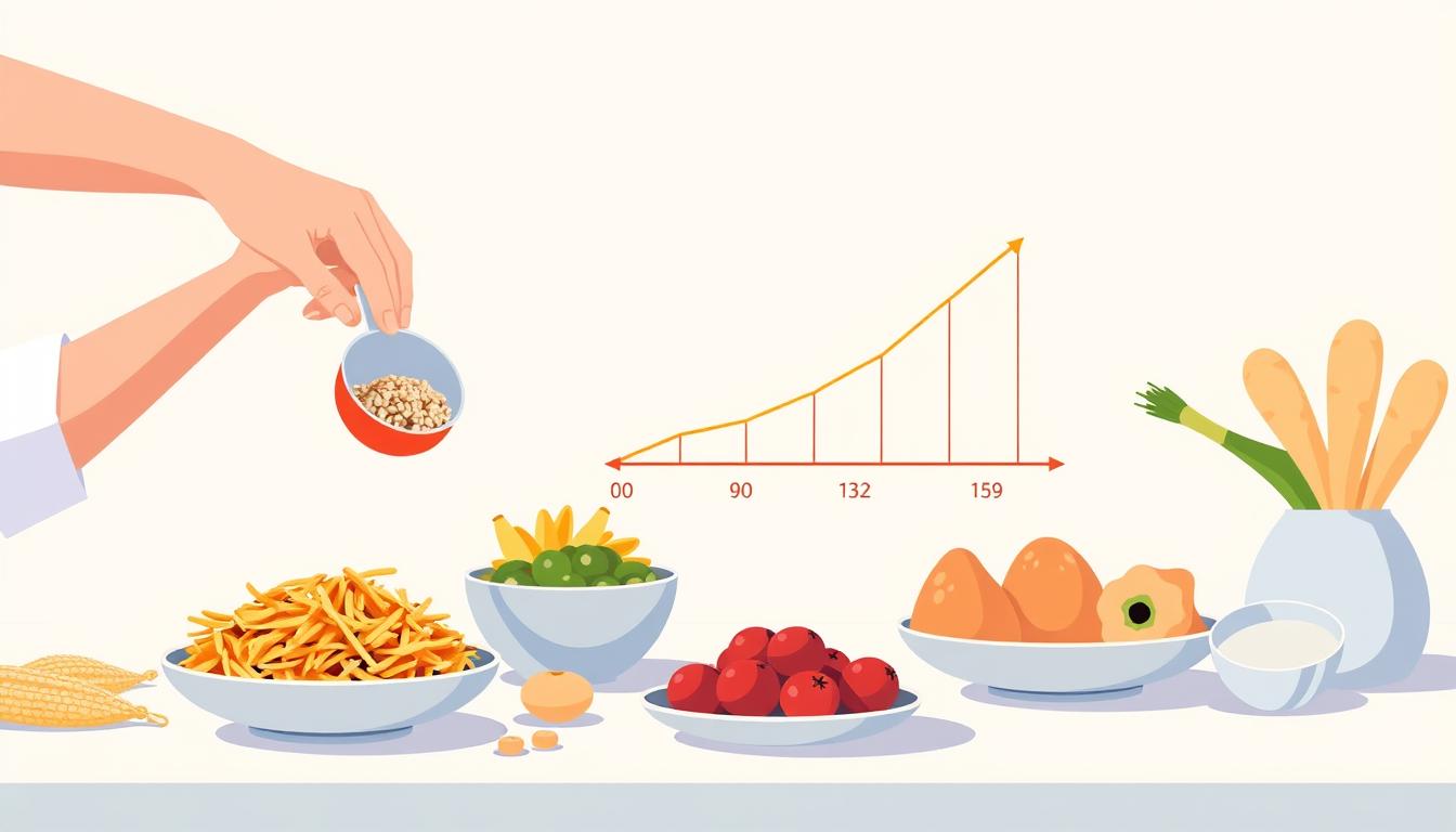 A vibrant illustration depicting "carbohydrate reintroduction strategies". In the foreground, a person carefully measures out different types of carbohydrate-rich foods, such as grains, fruits, and starchy vegetables. In the middle ground, a visual timeline shows a gradual increase in carbohydrate intake, represented by a rising graph. In the background, a clean, minimalist layout with soothing pastel tones creates a sense of balance and control. The scene is illuminated by warm, directional lighting, emphasizing the process of reintroducing carbs in a considered, step-by-step manner.