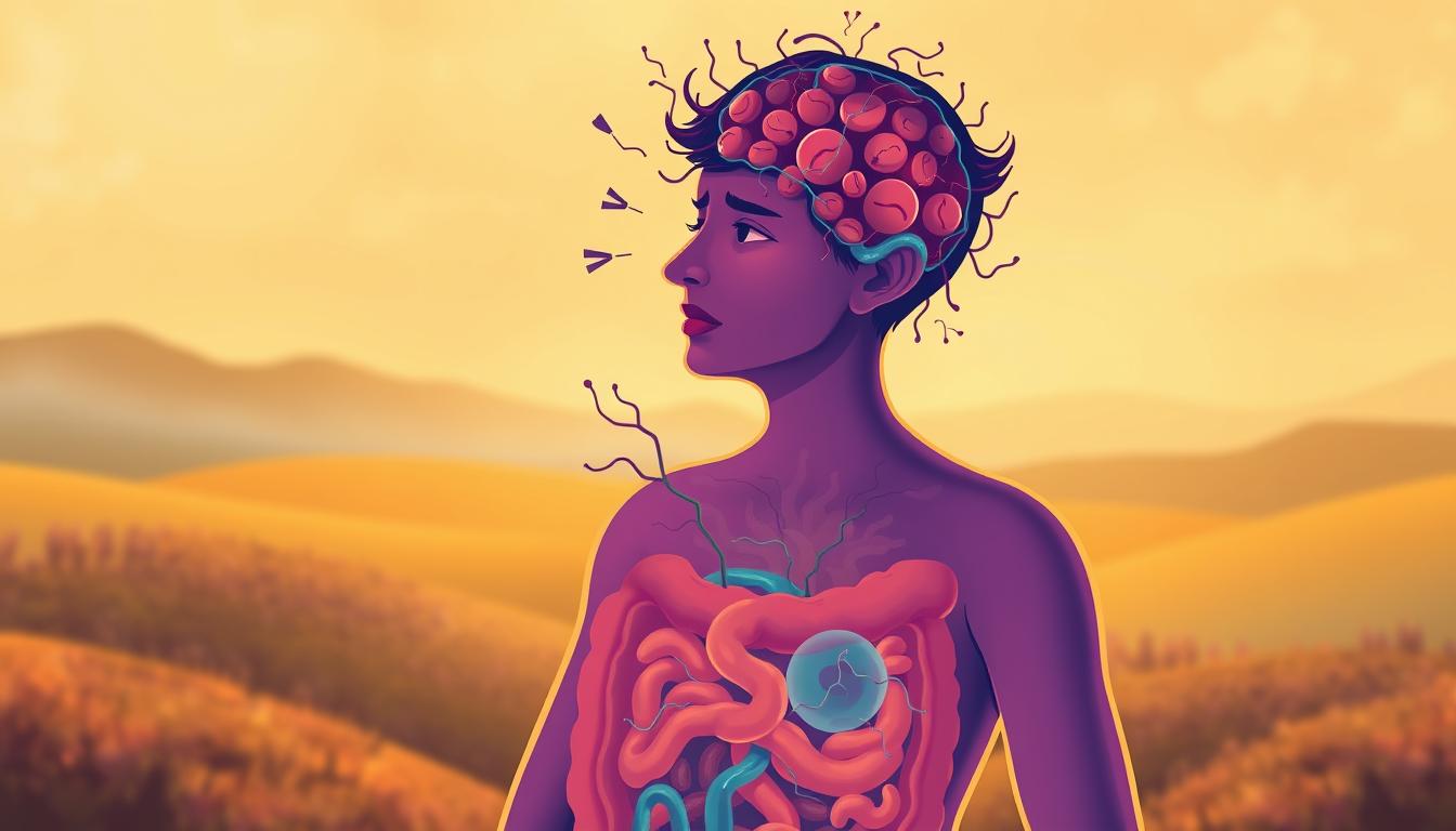 A vibrant illustration depicting the intricate connection between gut health and emotional eating. In the foreground, a stylized representation of the human digestive system, with the gut microbiome highlighted in vivid colors. Overlaid, an emotive figure experiencing the psychological and physiological effects of emotional eating, their expression conveying a complex blend of anxiety, craving, and inner turmoil. The middle ground features a visual metaphor for the bidirectional communication between the gut and the brain, with neural pathways and chemical messengers like CCK (cholecystokinin) intertwining. The background is a soothing, abstract landscape, suggesting the broader context of overall well-being and the importance of maintaining a healthy gut-brain axis. The lighting is warm and inviting, creating a sense of balance and harmony, despite the underlying tension of the subject matter. A vibrant illustration depicting the intricate connection between gut health and emotional eating. In the foreground, a stylized representation of the human digestive system, with the gut microbiome highlighted in vivid colors. Overlaid, an emotive figure experiencing the psychological and physiological effects of emotional eating, their expression conveying a complex blend of anxiety, craving, and inner turmoil. The middle ground features a visual metaphor for the bidirectional communication between the gut and the brain, with neural pathways and chemical messengers like CCK (cholecystokinin) intertwining. The background is a soothing, abstract landscape, suggesting the broader context of overall well-being and the importance of maintaining a healthy gut-brain axis. The lighting is warm and inviting, creating a sense of balance and harmony, despite the underlying tension of the subject matter.