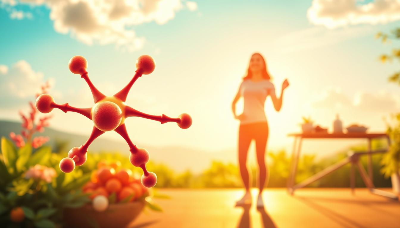 A vibrant illustration of CCK, the hormone responsible for satiety and digestion, prominently featured in a weight management strategy. In the foreground, a stylized molecular diagram of CCK takes center stage, its intricate structure radiating a sense of scientific importance. In the middle ground, a healthy-looking individual engages in a range of weight control activities, such as portion control, exercise, and balanced meal planning. The background depicts a serene, nature-inspired setting, conveying a sense of well-being and harmony. The overall scene is bathed in a warm, inviting light, emphasizing the positive and empowering role of CCK in achieving weight management goals.