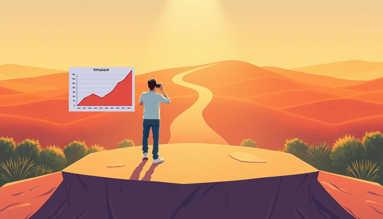 A vibrant illustration of a "keto plateau definition," showcasing a clear and concise visual representation of the concept. In the foreground, a person stands on a flat, plateau-like surface, examining a chart or graph that depicts the temporary stall in weight loss during a ketogenic diet. The middle ground features a winding path leading up to the plateau, symbolizing the journey towards weight loss goals. The background is filled with a warm, natural landscape, conveying a sense of balance and tranquility. Soft, directional lighting illuminates the scene, creating a sense of depth and emphasis on the plateau. The overall mood is one of understanding and determination, encouraging the viewer to persevere through the keto plateau.