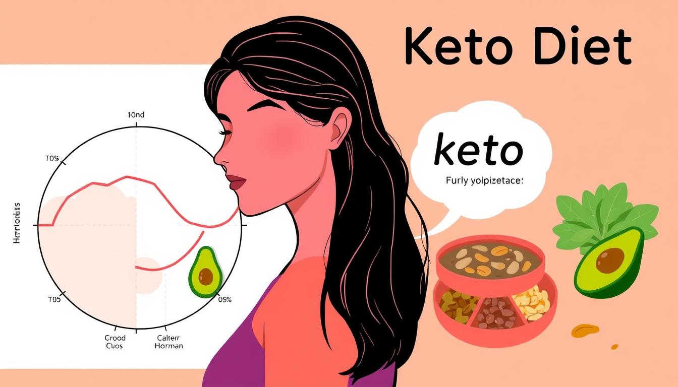 A vibrant illustration of a woman's menstrual cycle against the backdrop of a keto diet. In the foreground, a stylized diagram depicts the fluctuating hormones during the various stages of the cycle. The middle ground showcases a thoughtful woman considering dietary adjustments, surrounded by keto-friendly foods like avocados, nuts, and leafy greens. The background is a warm, calming palette, suggesting the harmony between the keto lifestyle and the natural rhythms of the female body. The composition is balanced, with clean lines and a minimalist aesthetic to emphasize the informative nature of the image.