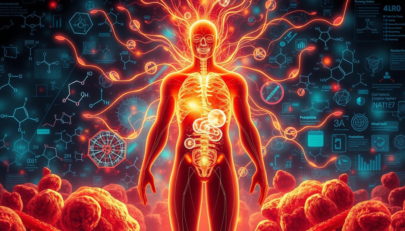 A vibrant illustration showcasing the impact of forskolin on energy expenditure and thermogenesis. In the foreground, a stylized human figure engulfed in a warm, glowing aura, representing increased metabolic activity. Wisps of energy radiate outward, illuminating the middle ground where adipose tissue and cellular structures are depicted in intricate detail. In the background, a dynamic backdrop of molecular diagrams, chemical structures, and data visualizations, highlighting the scientific underpinnings of forskolin's thermogenic effects. Crisp lighting, a sleek cinematic perspective, and a color palette that evokes a sense of vitality and scientific sophistication. A vibrant illustration showcasing the impact of forskolin on energy expenditure and thermogenesis. In the foreground, a stylized human figure engulfed in a warm, glowing aura, representing increased metabolic activity. Wisps of energy radiate outward, illuminating the middle ground where adipose tissue and cellular structures are depicted in intricate detail. In the background, a dynamic backdrop of molecular diagrams, chemical structures, and data visualizations, highlighting the scientific underpinnings of forskolin's thermogenic effects. Crisp lighting, a sleek cinematic perspective, and a color palette that evokes a sense of vitality and scientific sophistication.