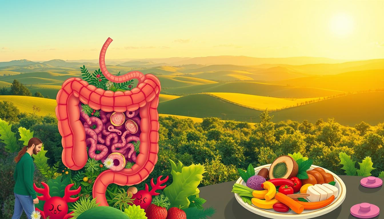 A vibrant illustration showcasing the interplay between a ketogenic diet and the gut microbiome. In the foreground, a stylized representation of the gut, with a diverse array of microbial inhabitants flourishing amidst the lush, verdant environment. In the middle ground, a person following a keto diet, their plate featuring an assortment of low-carb, high-fat foods. The background depicts a panoramic landscape, with rolling hills, a clear sky, and a warm, golden light bathing the scene. The overall composition conveys a sense of harmony and balance, highlighting the potential benefits of the ketogenic diet on gut health and the gut-brain axis.