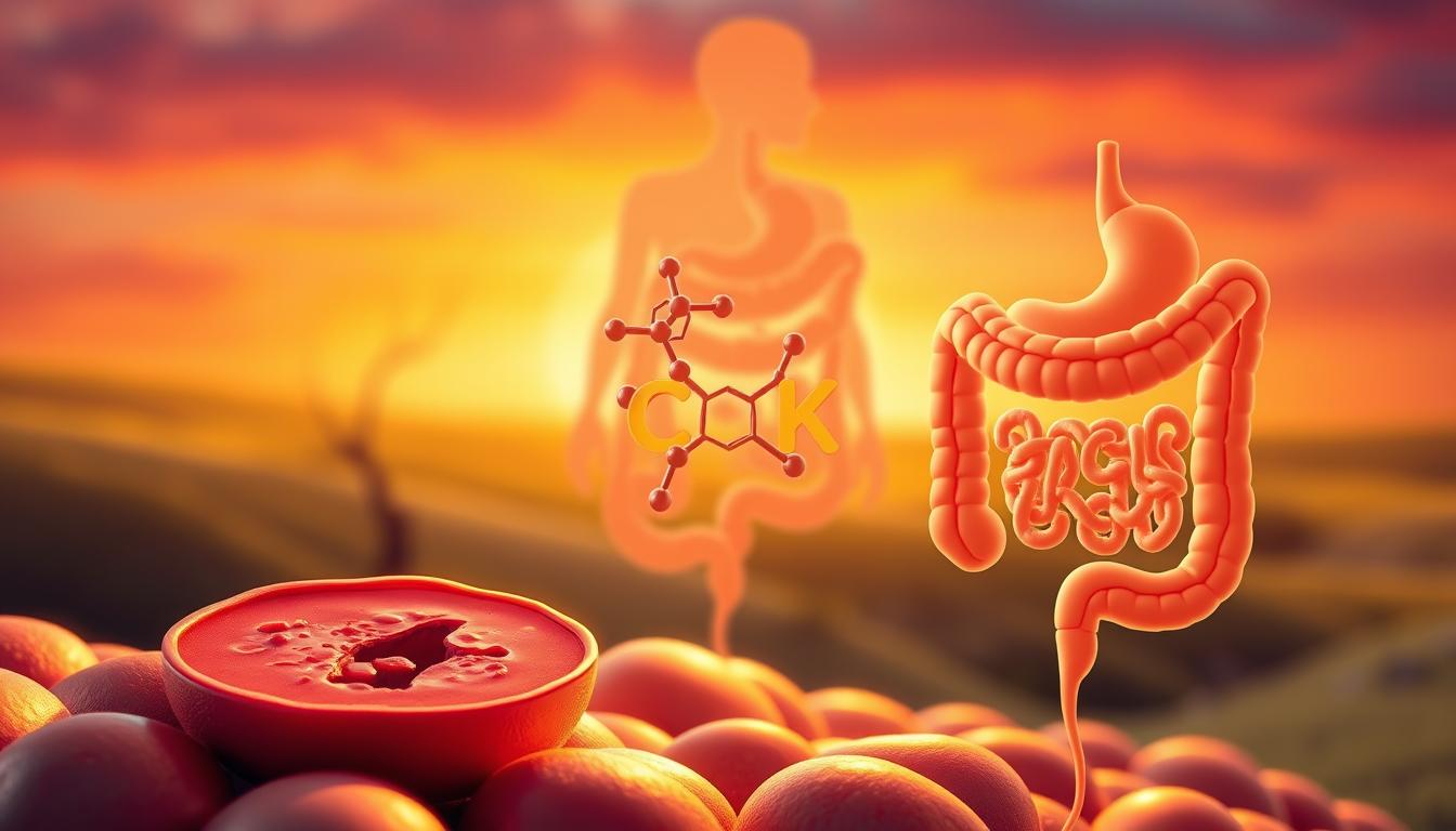 A vibrant illustration showcasing the vital role of CCK (Cholecystokinin) in digestive hormone function. In the foreground, a detailed cross-section of the small intestine reveals the intricate interplay between CCK-producing cells and the surrounding digestive organs. The middle ground features a stylized representation of the CCK molecule, its structure elegantly rendered against a warm, golden-hued backdrop. In the background, a softly blurred landscape depicts the broader gastrointestinal system, emphasizing the interconnectedness of this crucial hormone within the body's natural digestive balance.