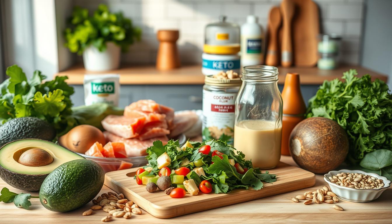 A vibrant kitchen scene showcasing budget-friendly keto essentials. In the foreground, an array of fresh, natural ingredients - avocados, leafy greens, omega-rich fish, and nutrient-dense nuts and seeds. The middle ground features a cutting board with a freshly chopped keto-friendly vegetable medley, complemented by a glass jar of homemade keto-friendly dressing. In the background, a minimalist kitchen counter displays a few keto-approved pantry staples like coconut oil, almond flour, and low-carb sweeteners. The lighting is warm and natural, casting a soft glow over the scene, conveying the simplicity and accessibility of a keto lifestyle on a budget.