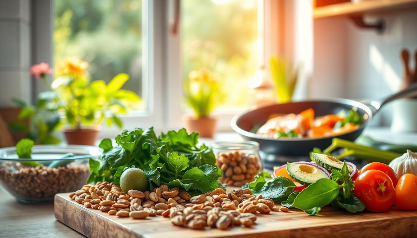 A vibrant kitchen scene showcasing various ingredients and dishes that can help improve pancreatic function. In the foreground, a selection of whole grains, nuts, and leafy greens are artfully arranged on a wooden cutting board. In the middle ground, a sizzling pan reveals a savory dish featuring salmon, avocado, and colorful vegetables. In the background, a window frames a lush, verdant garden, bathed in warm, natural light. The overall atmosphere is one of health, vitality, and culinary inspiration, guiding the viewer towards dietary strategies that can optimize pancreatic output.