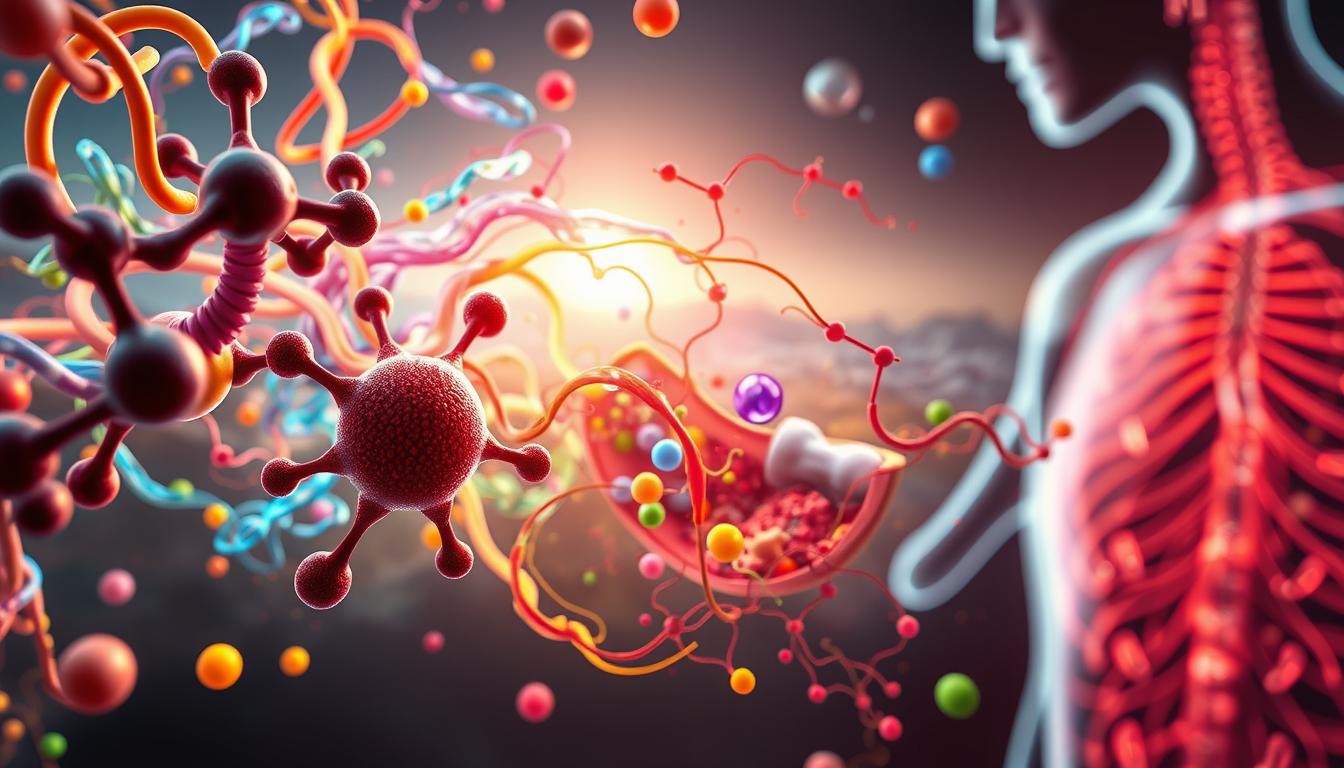 A vibrant, macro-level depiction of nutrient and enzyme interaction within the human body. In the foreground, a detailed molecular structure of a key nutrient, surrounded by swirling, colorful strands of enzymes catalyzing a complex metabolic process. The middle ground features a stylized, cross-sectional view of cells, with nutrients and enzymes flowing through intricate pathways. The background showcases a softly-lit, anatomical landscape, hinting at the broader physiological context. Rendered in a realistic, yet imaginative style, using a cinematic, wide-angle lens to capture the grand scale of this vital, biological symphony. A vibrant, macro-level depiction of nutrient and enzyme interaction within the human body. In the foreground, a detailed molecular structure of a key nutrient, surrounded by swirling, colorful strands of enzymes catalyzing a complex metabolic process. The middle ground features a stylized, cross-sectional view of cells, with nutrients and enzymes flowing through intricate pathways. The background showcases a softly-lit, anatomical landscape, hinting at the broader physiological context. Rendered in a realistic, yet imaginative style, using a cinematic, wide-angle lens to capture the grand scale of this vital, biological symphony.