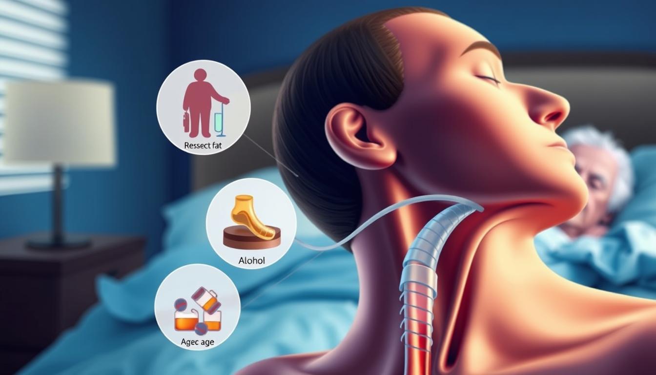 A vibrant medical illustration depicting the key risk factors for sleep apnea. In the foreground, a close-up view of a person's head and upper torso, highlighting a recessed chin, excess neck fat, and a narrow airway. In the middle ground, visual metaphors for other risk factors like obesity, alcohol consumption, and advanced age. The background features a softly blurred sleep environment, suggesting the negative impacts of untreated sleep apnea. The lighting is clean and clinical, emphasizing the medical nature of the subject matter. The overall composition and color palette convey a sense of seriousness and importance around this health condition.