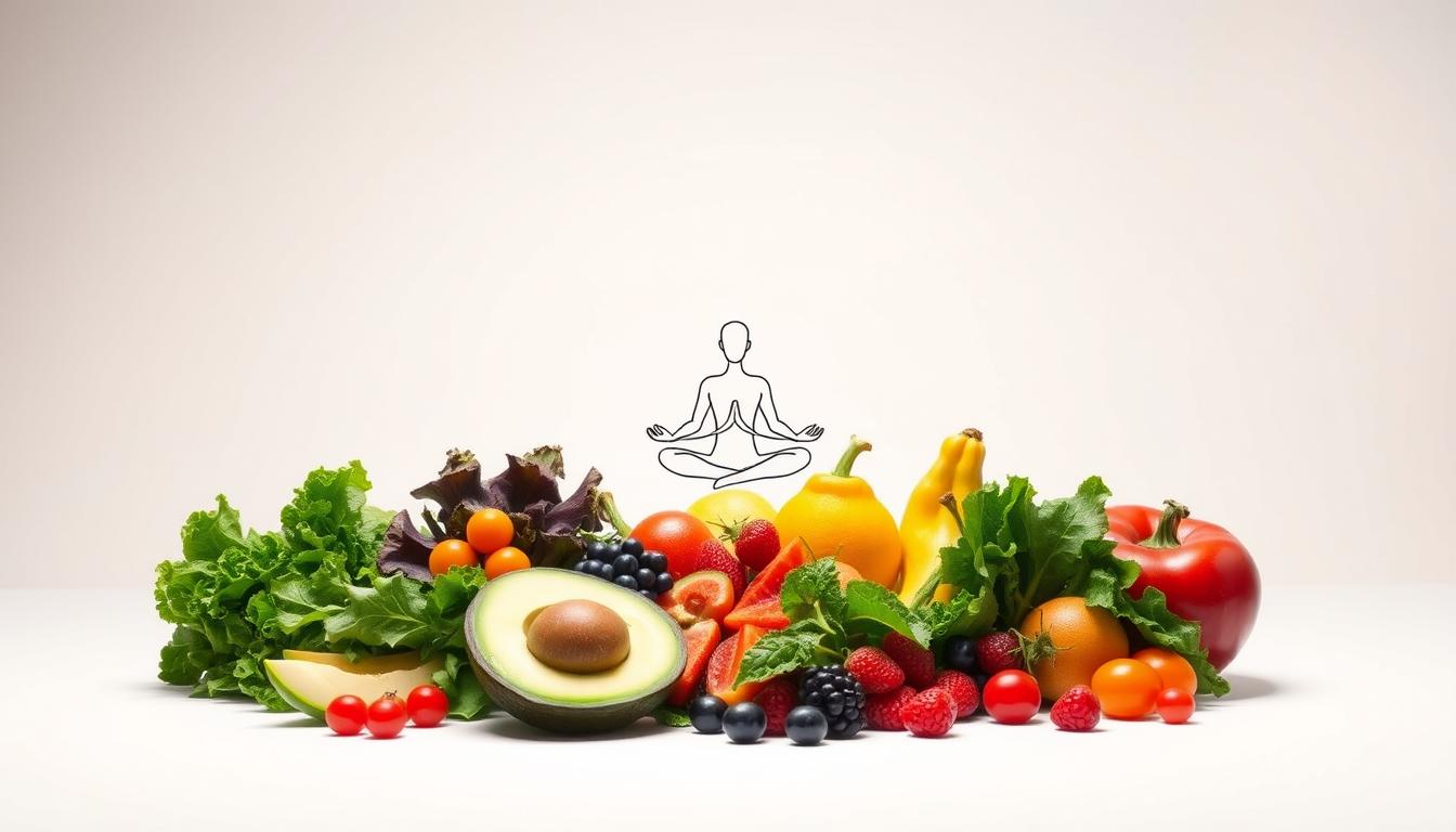A vibrant, minimalist illustration showcasing the benefits of a vegan keto diet. In the foreground, a cluster of fresh, colorful vegetables - leafy greens, avocado, and berries - arranged artfully against a clean, white backdrop. In the middle ground, a simple line drawing of a human silhouette in a meditative pose, symbolizing the physical and mental well-being associated with this dietary approach. The background features a soft, gradient wash of muted, earthy tones, evoking a sense of balance and harmony. Subtle lighting from the top left casts gentle shadows, adding depth and dimension to the scene. The overall mood is one of health, vitality, and holistic wellness.