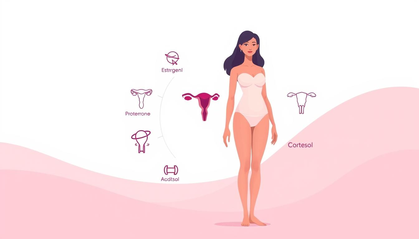 A vibrant, minimalist illustration showcasing the intricate relationship between a ketogenic diet and hormonal balance for women. In the foreground, a stylized female figure stands against a clean, pastel-hued background, her body and facial features subtly accentuated to convey a sense of balance and well-being. The middle ground features delicately rendered icons and symbols representing the key hormones affected by a ketogenic diet, such as estrogen, progesterone, and cortisol, arranged in a harmonious, symmetrical layout. The background subtly hints at the broader context, with abstract shapes and gradients evoking the natural rhythms and cycles of the female body.
