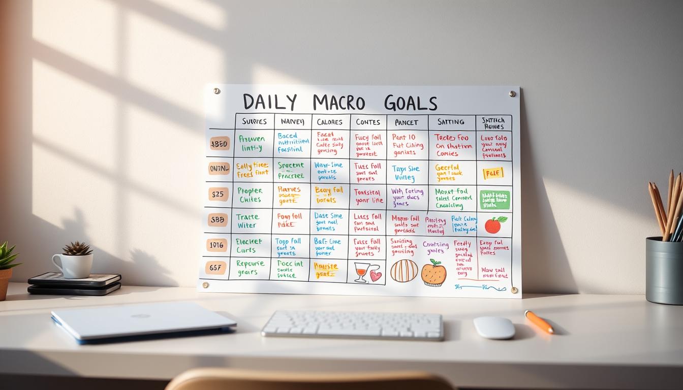 A vibrant, neatly organized daily macro goals chart displayed on a clean, minimalist desk. The chart features colorful, hand-drawn icons and text labels for tracking macronutrient intake, calorie count, and other health metrics. Warm, natural lighting casts a soft glow across the scene, creating a sense of focus and productivity. The layout is visually appealing, with a balance of structure and artistic flair, guiding the viewer's eye through the essential information. This image effectively illustrates the concept of getting started with meal planning, empowering the viewer to take control of their nutritional goals.