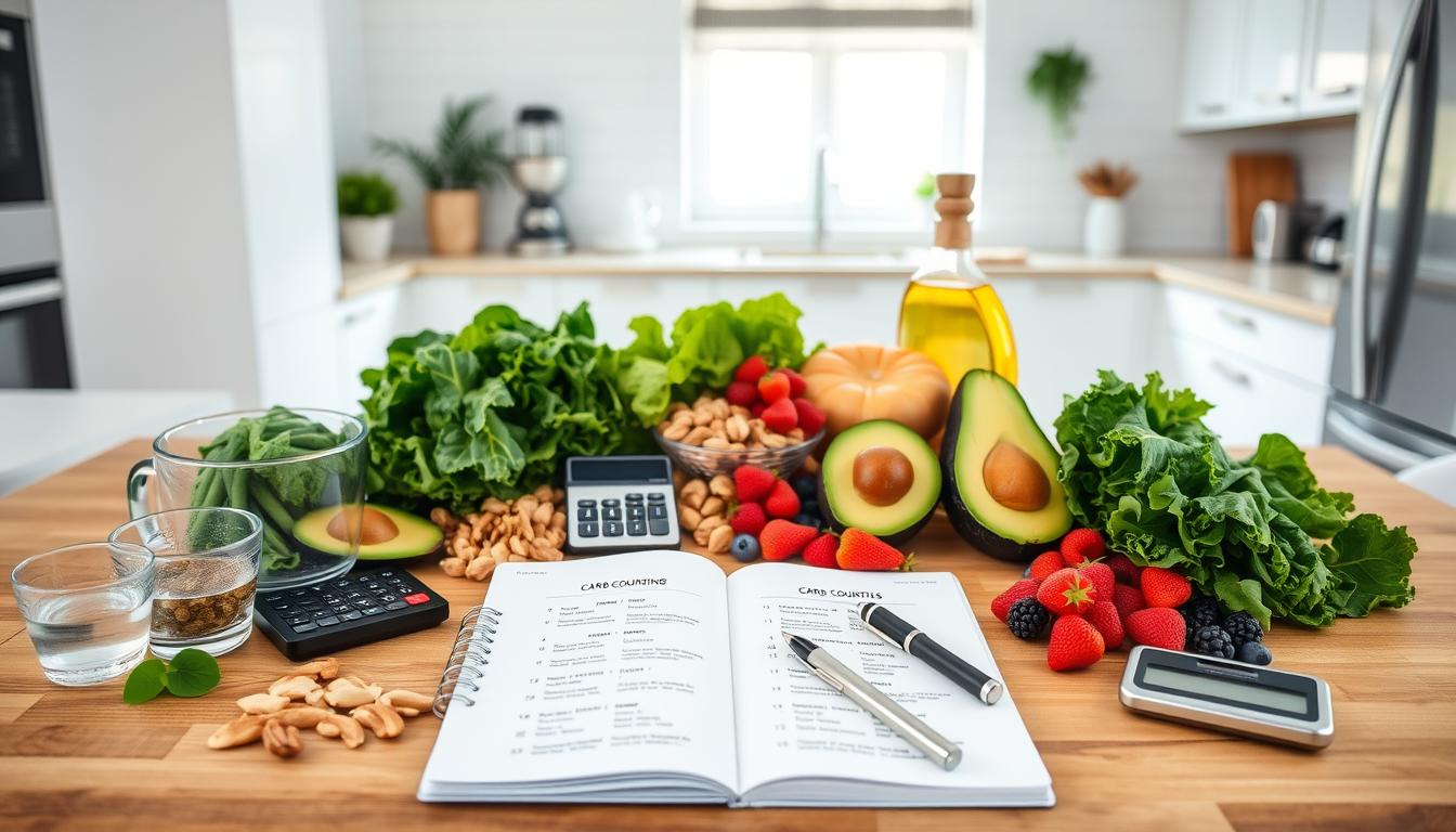 A vibrant, neatly organized tabletop scene showcasing the basics of carb counting on a keto diet. In the foreground, a variety of low-carb foods such as leafy greens, avocado, nuts, and berries are artfully arranged, accompanied by a measuring cup and calculator to illustrate portion control. The middle ground features a sleek, minimalist notebook open to carb counting guidelines, with a stylish pen resting nearby. The background is a bright, airy kitchen workspace with clean, modern appliances and a window letting in natural light, creating an overall atmosphere of informative simplicity and healthy lifestyle.