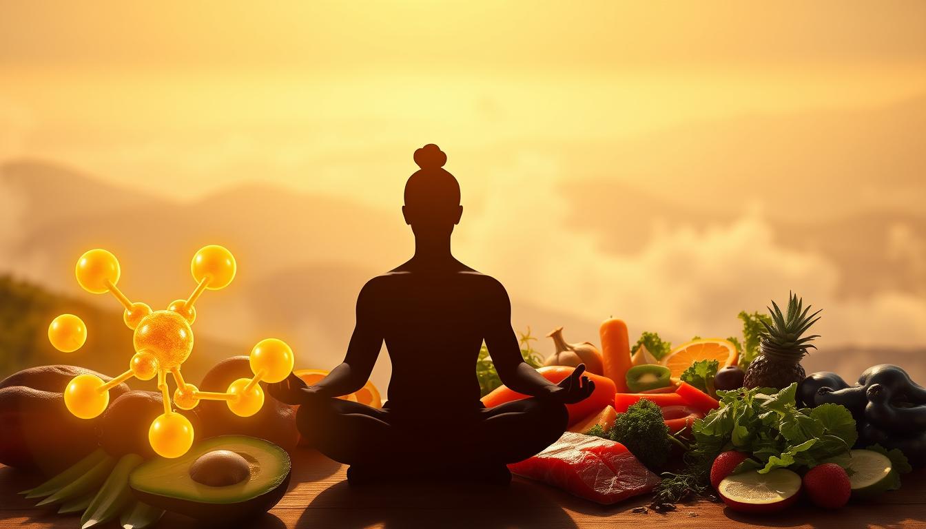 A vibrant, photorealistic image of various keto and fasting benefits. In the foreground, a glowing, golden ketone molecule floats alongside a silhouetted figure in a meditative pose, representing the metabolic benefits of ketosis. In the middle ground, an array of healthy foods like avocado, salmon, and leafy greens are arranged to symbolize the nutritional advantages of the keto diet. In the background, a hazy, dreamlike landscape depicts a sense of mental clarity and focus, evoked by the intermittent fasting process. The lighting is warm and natural, with soft shadows and highlights that accentuate the dynamic composition and convey a sense of wellness and vitality.
