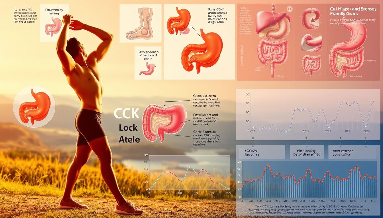 A vibrant scene depicting the interplay between exercise and the CCK hormone response. In the foreground, a fit individual performs dynamic stretches, their muscular frame illuminated by warm, natural lighting. Surrounding them, a collage of anatomical illustrations showcases the digestive system and the production of CCK, the hormone responsible for satiety and regulating digestion. In the middle ground, a series of graphs and charts illustrate the fluctuations of CCK levels during and after exercise. The background is a serene, peaceful landscape, symbolizing the holistic balance between physical activity and the body's hormonal processes.